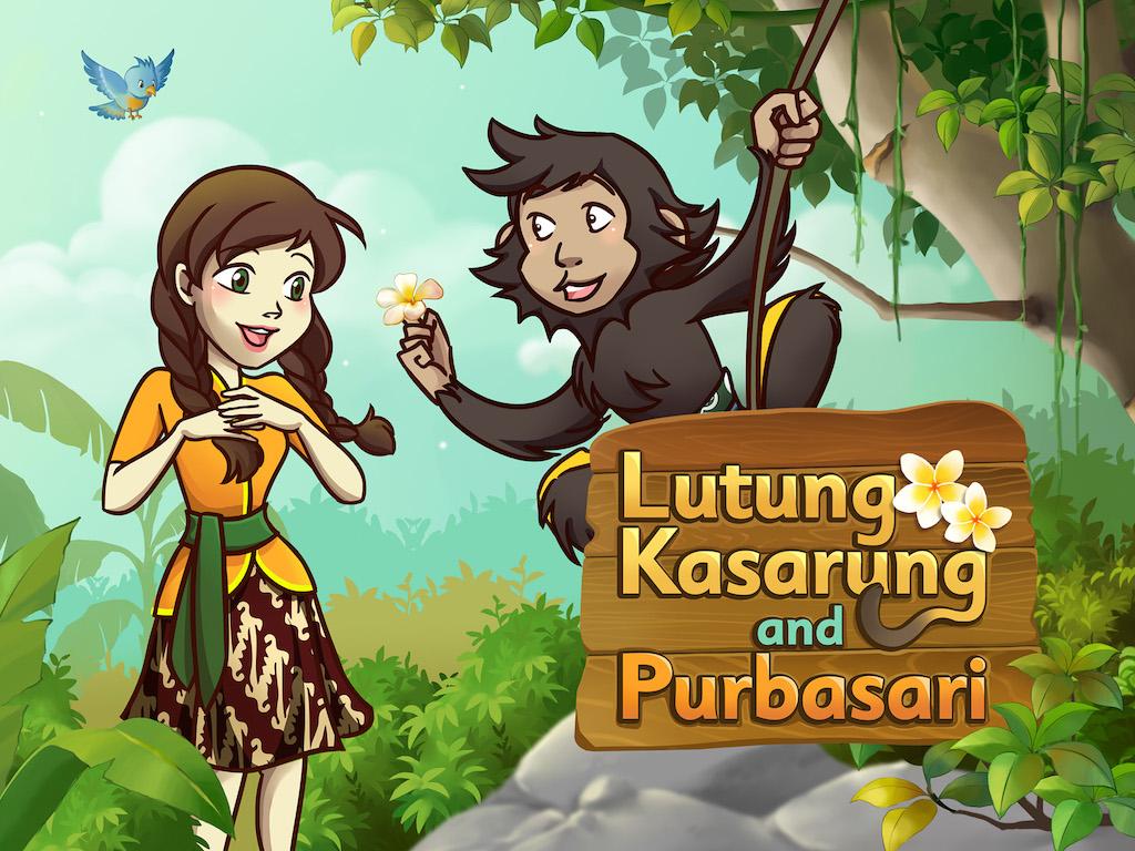  A girl and a monkey are standing in a jungle. The girl is holding a flower and the monkey is holding a stick. There is a sign between them that says 'Lutung Kasarung and Purbasari'.